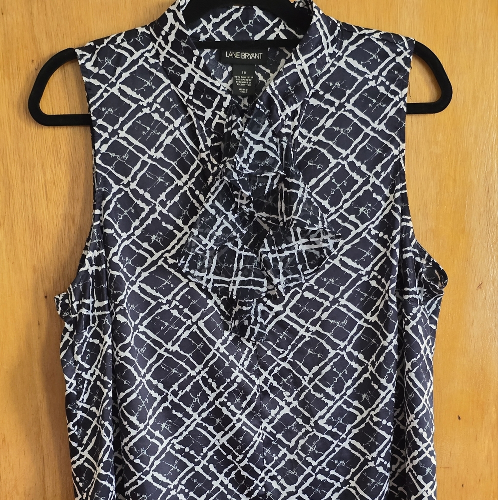 Lane Bryant Blue and White Ruffled Mandarin Collar Blouse